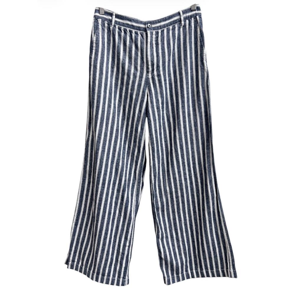 Madewell Zoe Relaxed Wide Pants Linen Blend Navy White Stripe Sz 4 High Rise - Picture 3 of 8